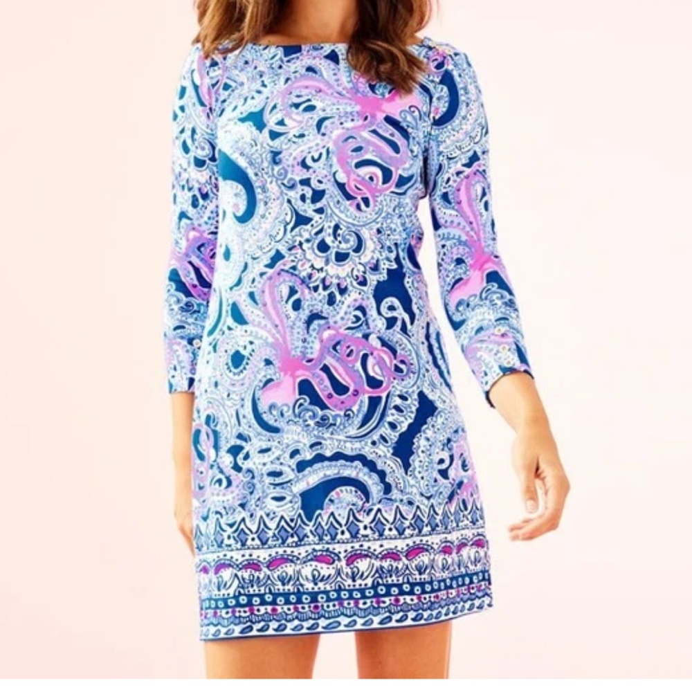 Lilly Pulitzer UPF 50+ Sophie Dress Blue Grotto Legga Sea Engineered Size L‎